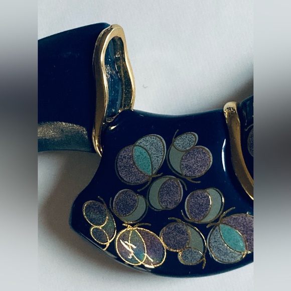 Vintage 2-Sided Japan Necklace Blue Cloisonné-like Design Gold Accents 45cm Long - Picture 8 of 10